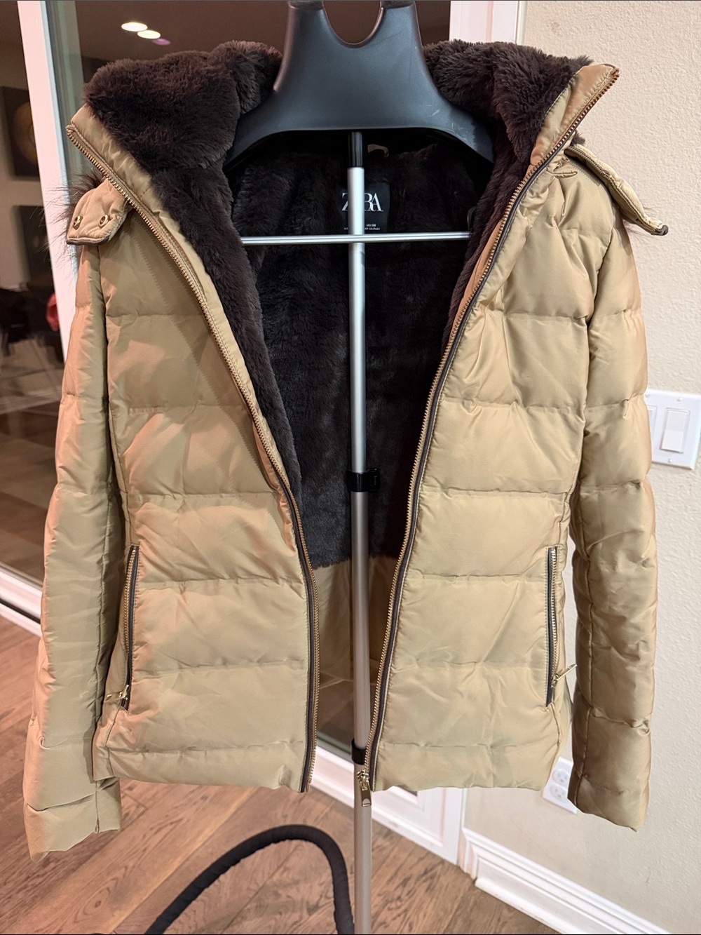 Zara Tan Puffer Jacket with Dark Brown Faux Fur Hood